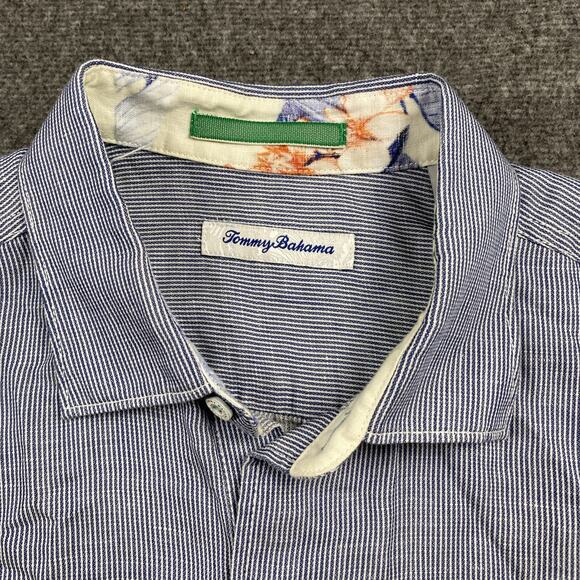 Tommy Bahama Shirt Mens Med‎ Linen Blend Button Short Sleeve Stripe Seersucker - Picture 5 of 12